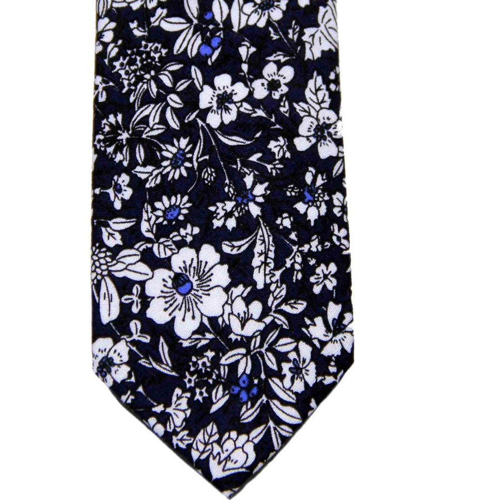 Floral Cotton Tie Navy Blue White Nar…